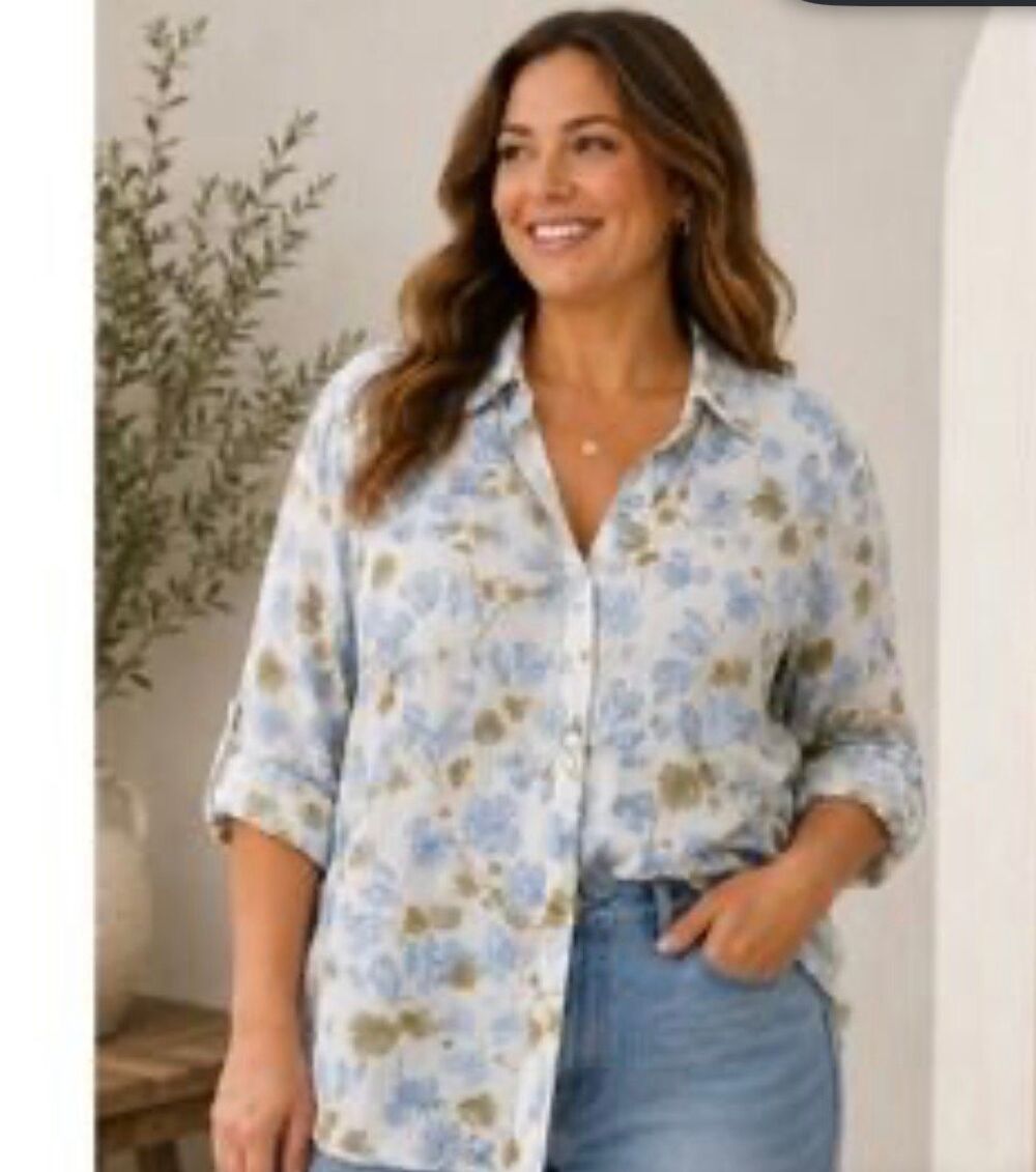 Joie women’s 2xl 100% Linen Blue & Mustard Floral Roll Tab Button Down Shirt